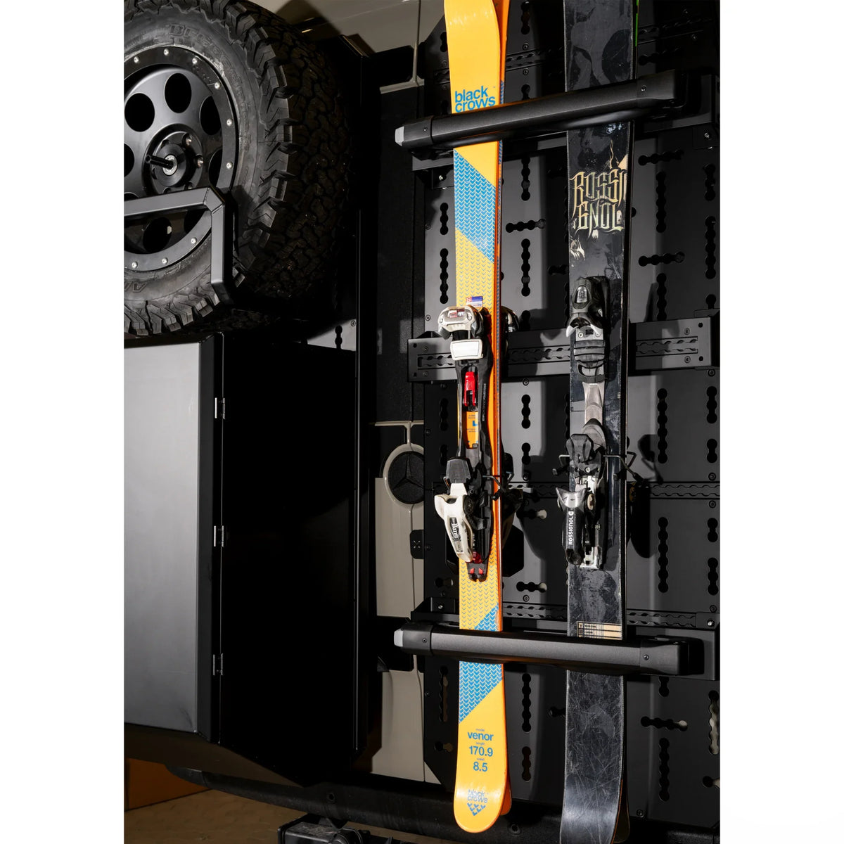 XBull lockable ski rack mounted on a Sprinter rear door carrier, view 1