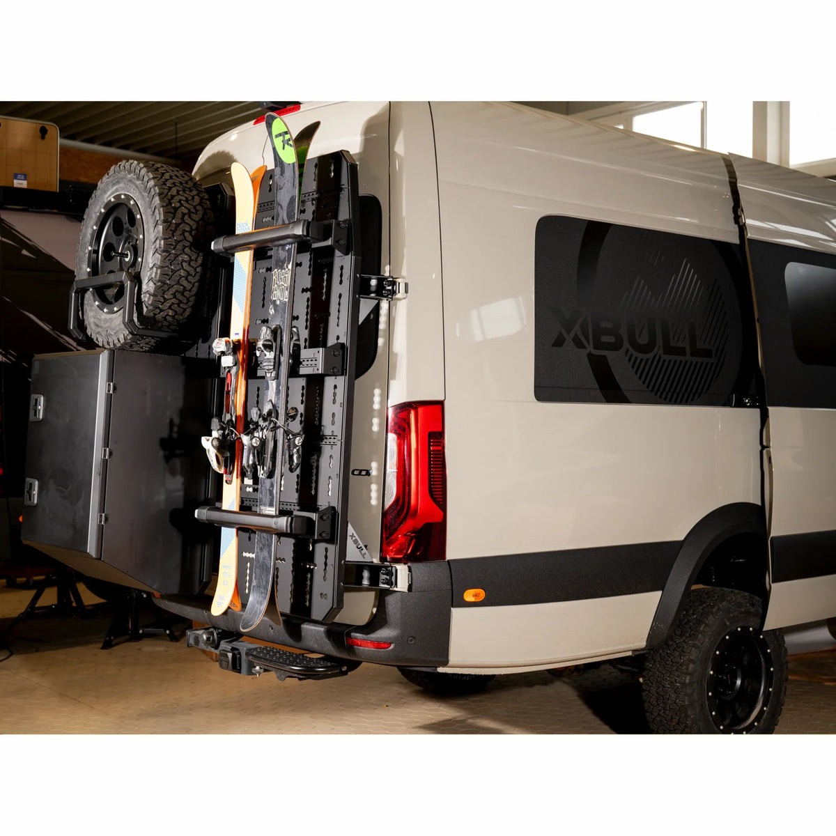 XBull lockable ski rack mounted on a Sprinter rear door carrier, view 2